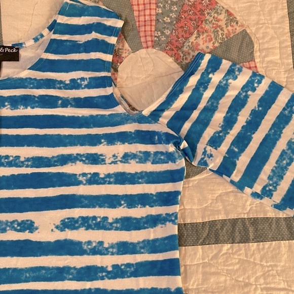 NWT PECK & PECK wh w/ turq. horizontal stripe cold- shoulder top, $20 - Picture 2 of 6